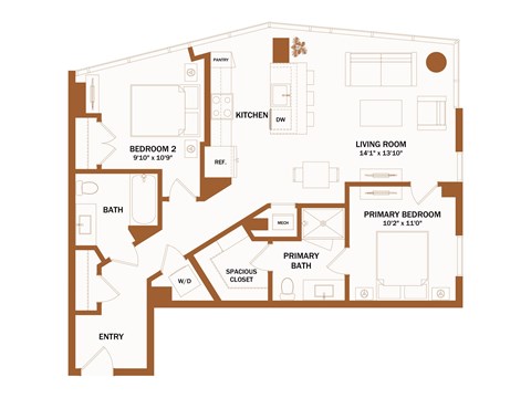 A floor plan of a house with a living room, two bedrooms, a bathroom, a kitchen, a dining area, and a spacious closet.